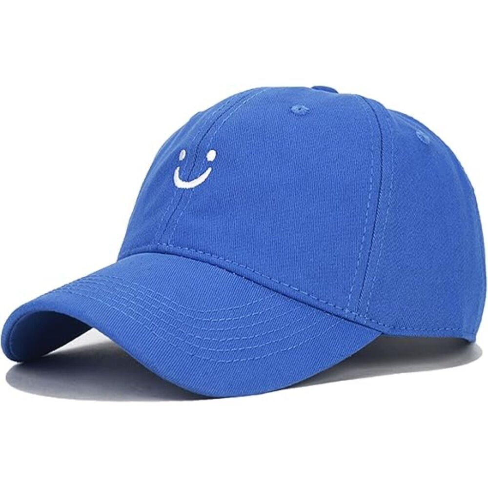 Unisex Blue 100% Cotton Smile Face Embroidered Adjustable Classic Baseball Cap